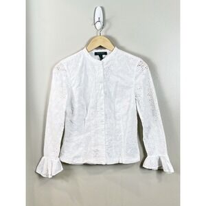Lauren by Ralph Lauren Women's 8P White Eyelet Long-Sleeve Shirt Poet Sleeve